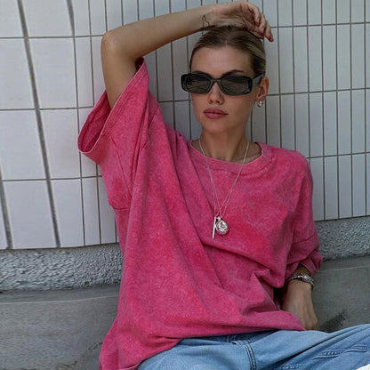Camiseta informal holgada de manga corta en color liso para mujer