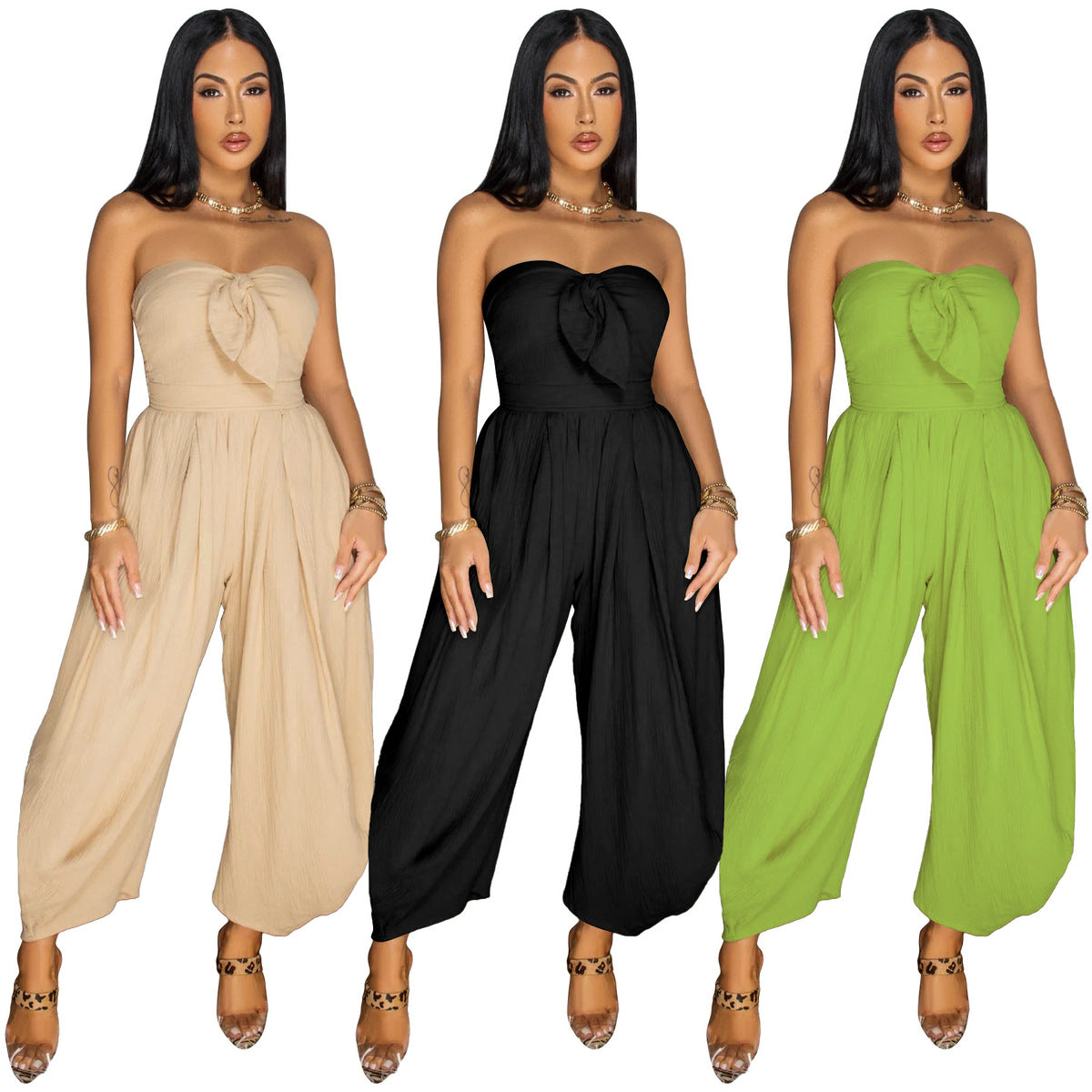 Women Summer Fashion Solid Color Strapless Jumpsuit