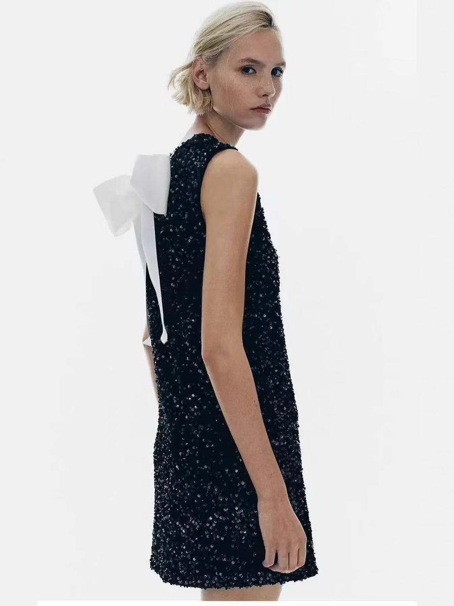Vestido elegante sin mangas con cordones, lentejuelas y lazo para mujer