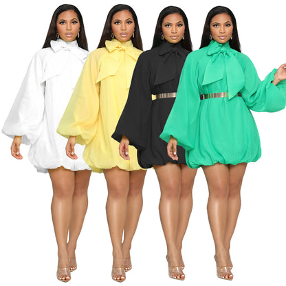 Women Fashion Solid Color Bow Puff Sleeve Chiffon Dress