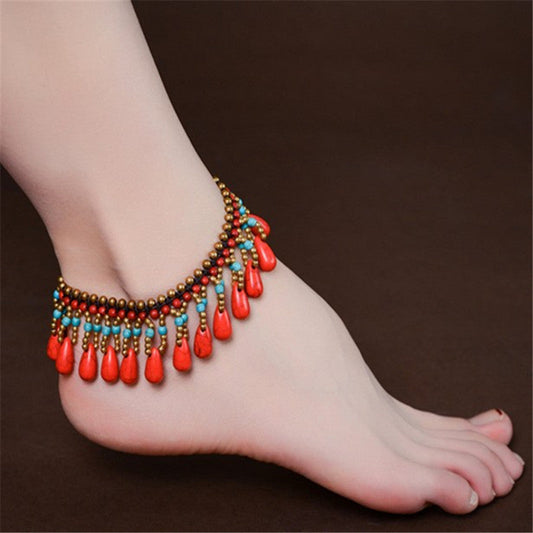 Tobillera bohemia con borlas trenzadas hechas a mano