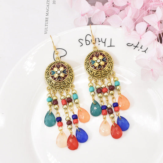 Pendientes con borlas y cuentas multicolores de flores bohemias