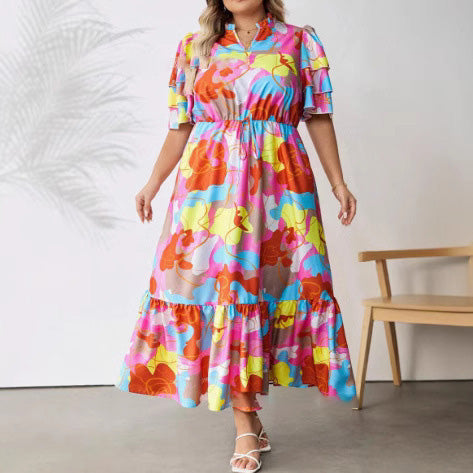 Vestido casual de talla grande con cuello en V y estampado para mujer