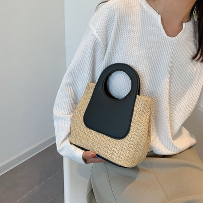 Women Casual Straw Woven Handbag with Contrast Color Stitching