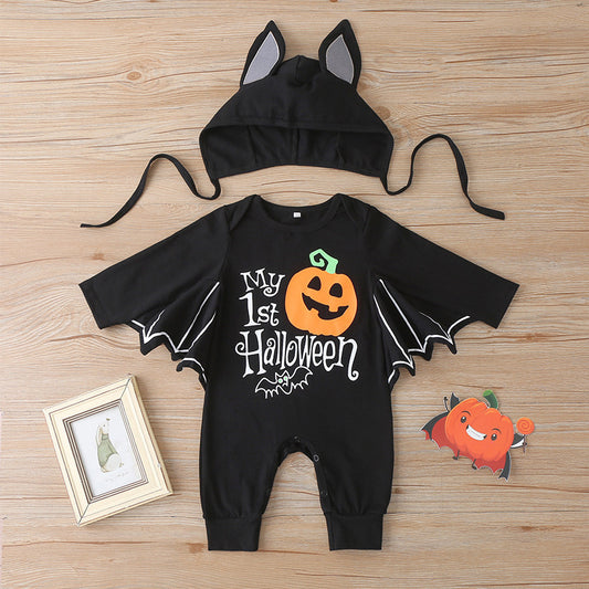 Halloween Baby Bat Sleeve Cotton Romper and Hat Set
