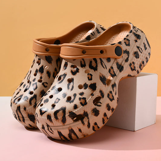 Pantuflas informales de leopardo para mujer, antideslizantes, con suela gruesa y agujeros