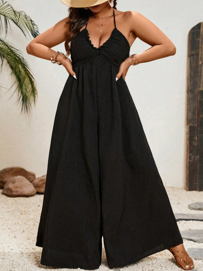 Women Fashion Sexy Solid Color Plus Size Halter Neck V Neck Jumpsuits