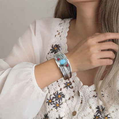Pulsera ajustable abierta turquesa estilo bohemio retro para mujer, hermosa joyería vintage.