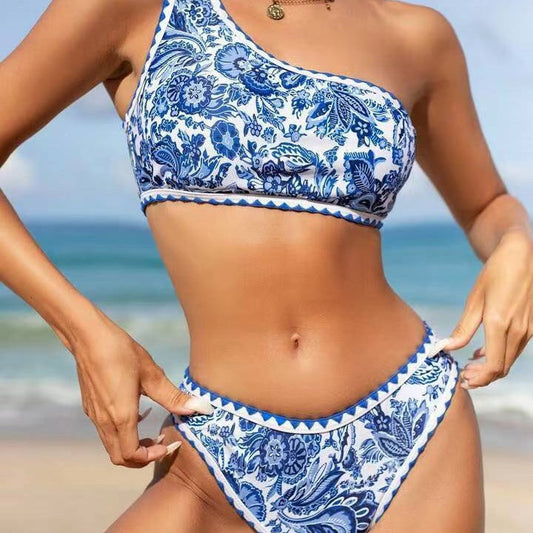 Women Summer Vacation One Shoulder Bikini Swimsuit