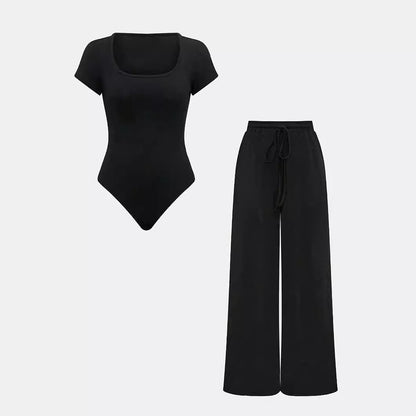 Women’s Solid Color Rib-Knit Bodysuit Pants Set