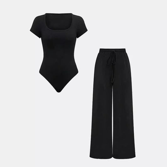 Conjunto de mono y pantalón de punto acanalado de color liso para mujer
