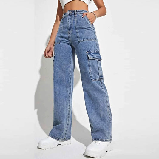 Women Fashion Casual Wide Leg Jeans with Multiple Pockets