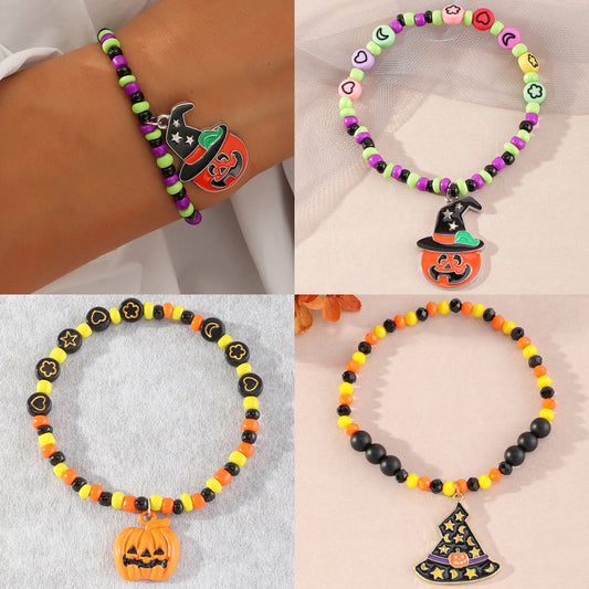 Pulsera unisex retro de cuentas naranjas con diseño de calabaza de Halloween