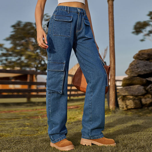 Women Fashion Vintage Elastic Waist Multi-Pocket Cargo Jeans