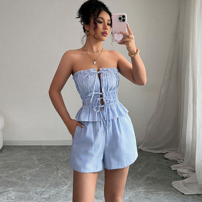 Conjunto de top y pantalones cortos de tubo con rayas y lazo de verano para mujer