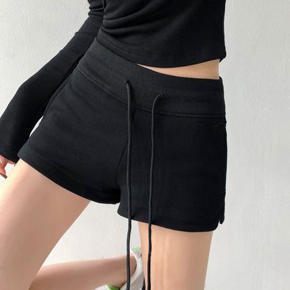 Women Fashion Casual Solid Color Drawstring Shorts