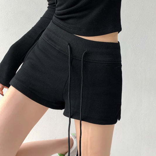 Women Fashion Casual Solid Color Drawstring Shorts