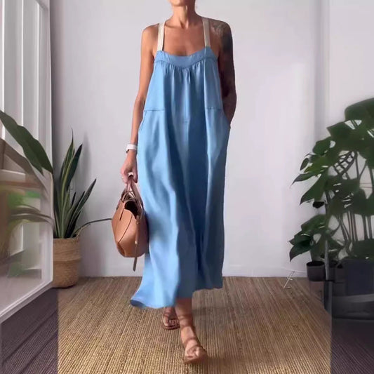 Women Casual Solid Color Cotton Linen Strap Dress