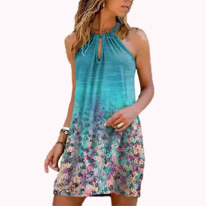 Vestido informal bohemio con estampado floral y cuello halter calado para mujer, talla grande