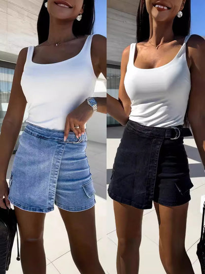 Women Solid Color Denim Shorts Casual Street Style Cotton Polyester