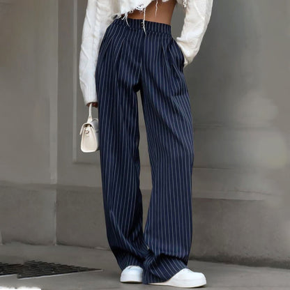 Women Casual Navy Blue Stripe Wide Leg Pants
