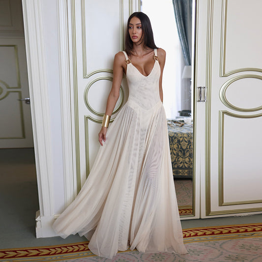 Vestido elegante de malla con escote en V y sin mangas de poliéster para mujer, corte ajustado
