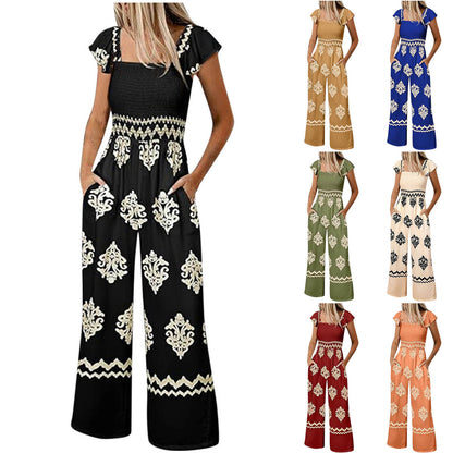 Combinaison à manches courtes et imprimé bohème vintage pour femme