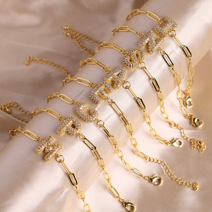 Fashion 26 Zircon Alphabet Clip Chain Bracelet