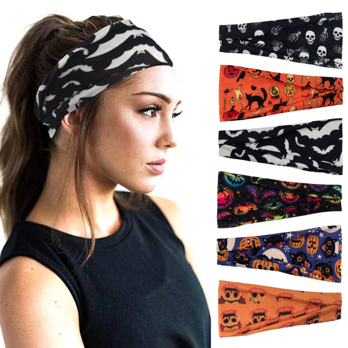 Diadema deportiva con estampado de calabaza y calavera de Halloween