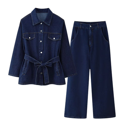 Conjunto de dos piezas de abrigo vaquero informal para mujer, manga larga, cintura alta y jeans