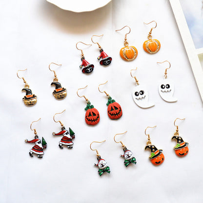 Pendientes colgantes de aleación de Halloween para mujer con gato, calabaza, Papá Noel y fantasma