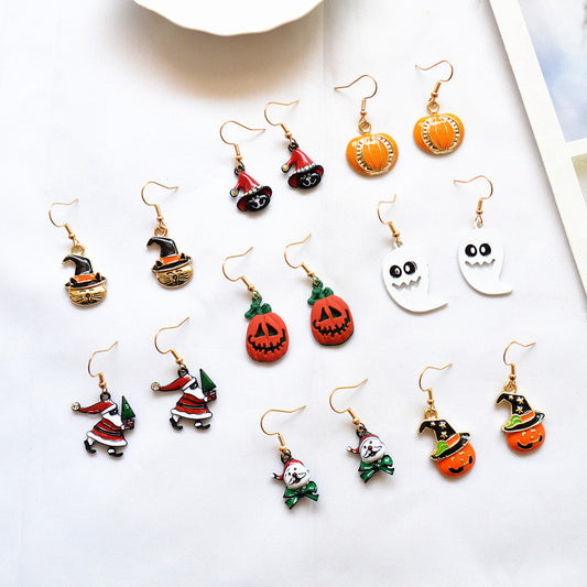 Pendientes colgantes de aleación de Halloween para mujer con gato, calabaza, Papá Noel y fantasma