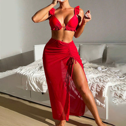 Conjunto de traje de baño sexy de color sólido con cordones para mujer