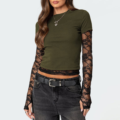 Women Y2k Lace Stitching Long Sleeve T-Shirt