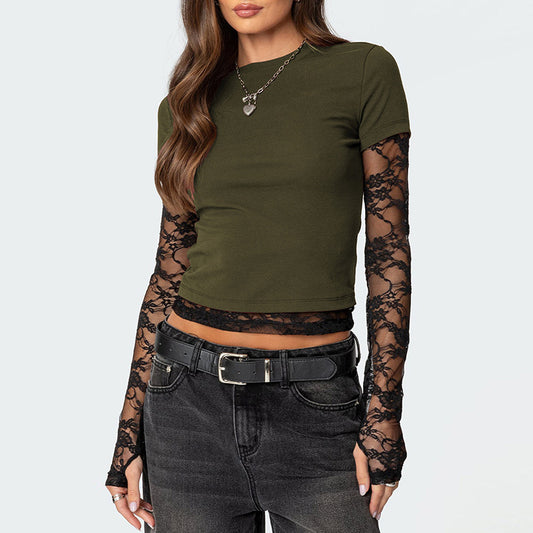 Women Y2k Lace Stitching Long Sleeve T-Shirt