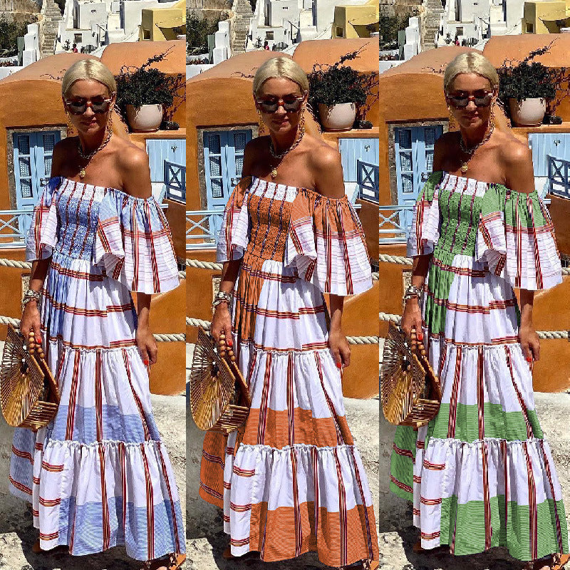 Vestido largo informal de verano para mujer, con rayas, hombros descubiertos, manga corta y volantes
