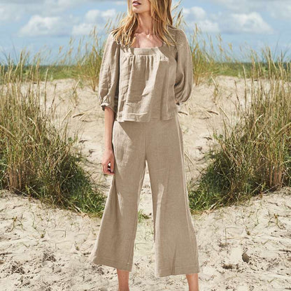 Conjunto de lino y algodón de color liso informal a la moda para mujer