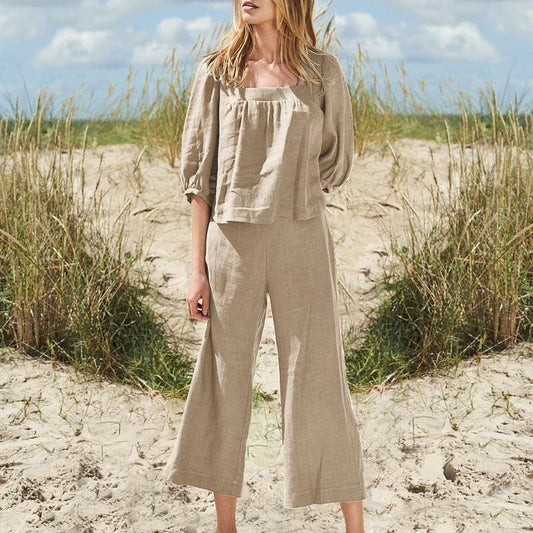 Ensemble décontracté en coton et lin de couleur unie pour femme