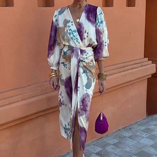 Women Fashion Elegant Printed V-Neck Two-Piece Set