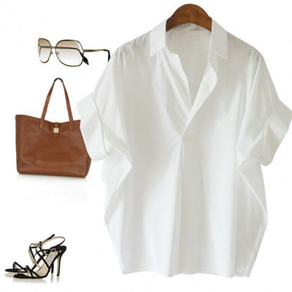 Women Casual Short-Sleeve Blouse Polyester Lapel