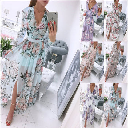Vestido largo informal de verano para mujer, de gasa, bohemio, con estampado floral, cuello en V y manga larga