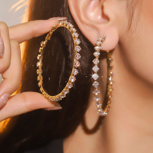 Exaggerated Rhinestone Hoop Earrings with Geometric Style