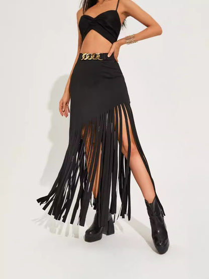 Women Fashion Sexy Solid Color Tassel Skirt