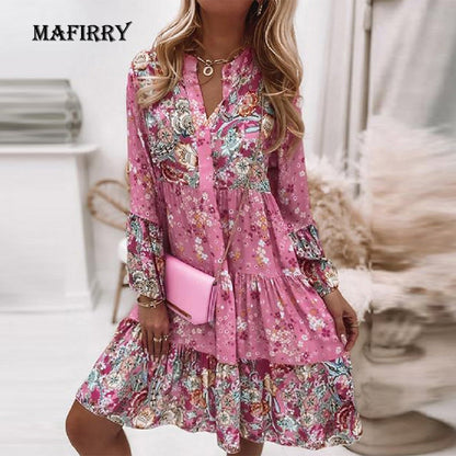 Bohemian Women Elegant Vintage V Neck Ruffled Long Flare Sleeves Mini Dress