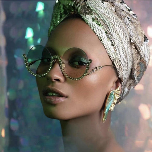 Fashion Metal Rhinestone Round Half Frame Sunglasses