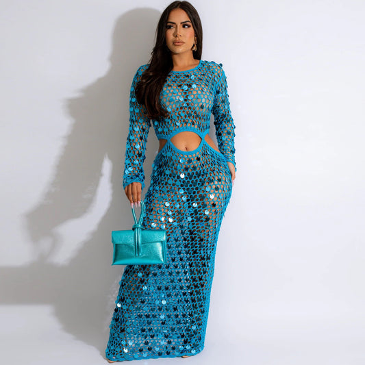 Women Sexy Handmade Knit Cutout Sequin Beach Dress