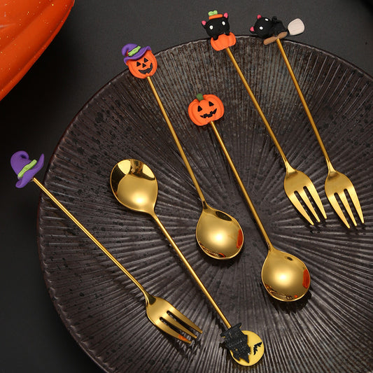 Tenedor y cuchara de acero inoxidable para postres y frutas con dibujos animados de Halloween.