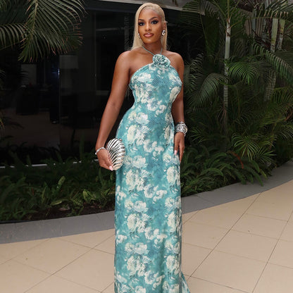 Women Elegant Floral Print Bodycon Maxi Dress