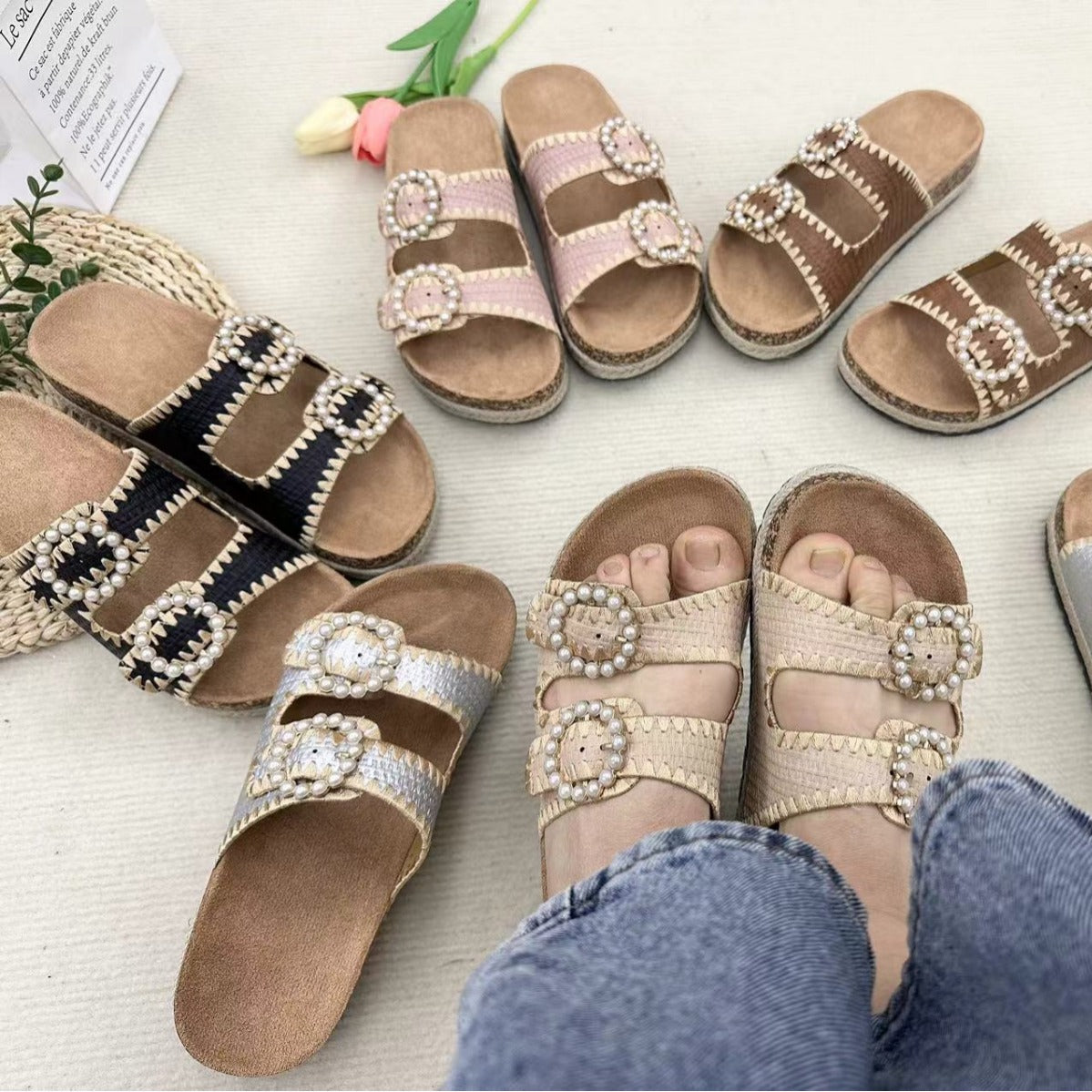 Pantuflas casuales de vacaciones con doble hebilla de perla para mujer