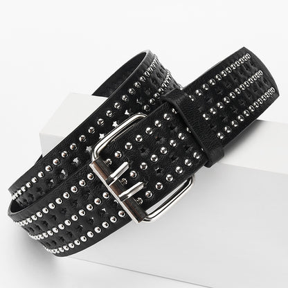 Cinturón de cuero hueco con estrella de cinco puntas y remaches multicapa de color liso para mujer